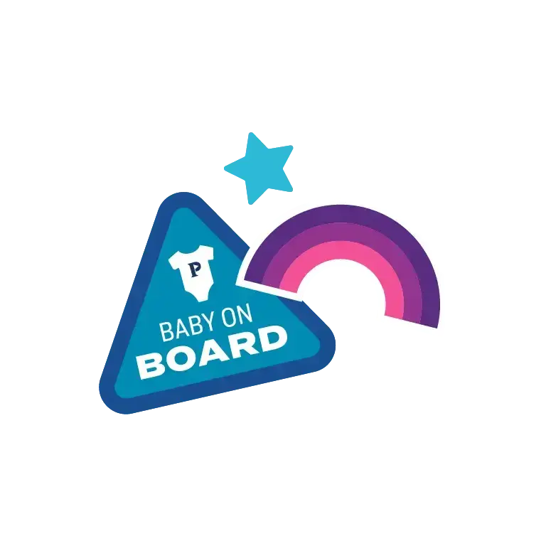 "baby on board" blue and white sign with a purple and pink rainbow and blue start